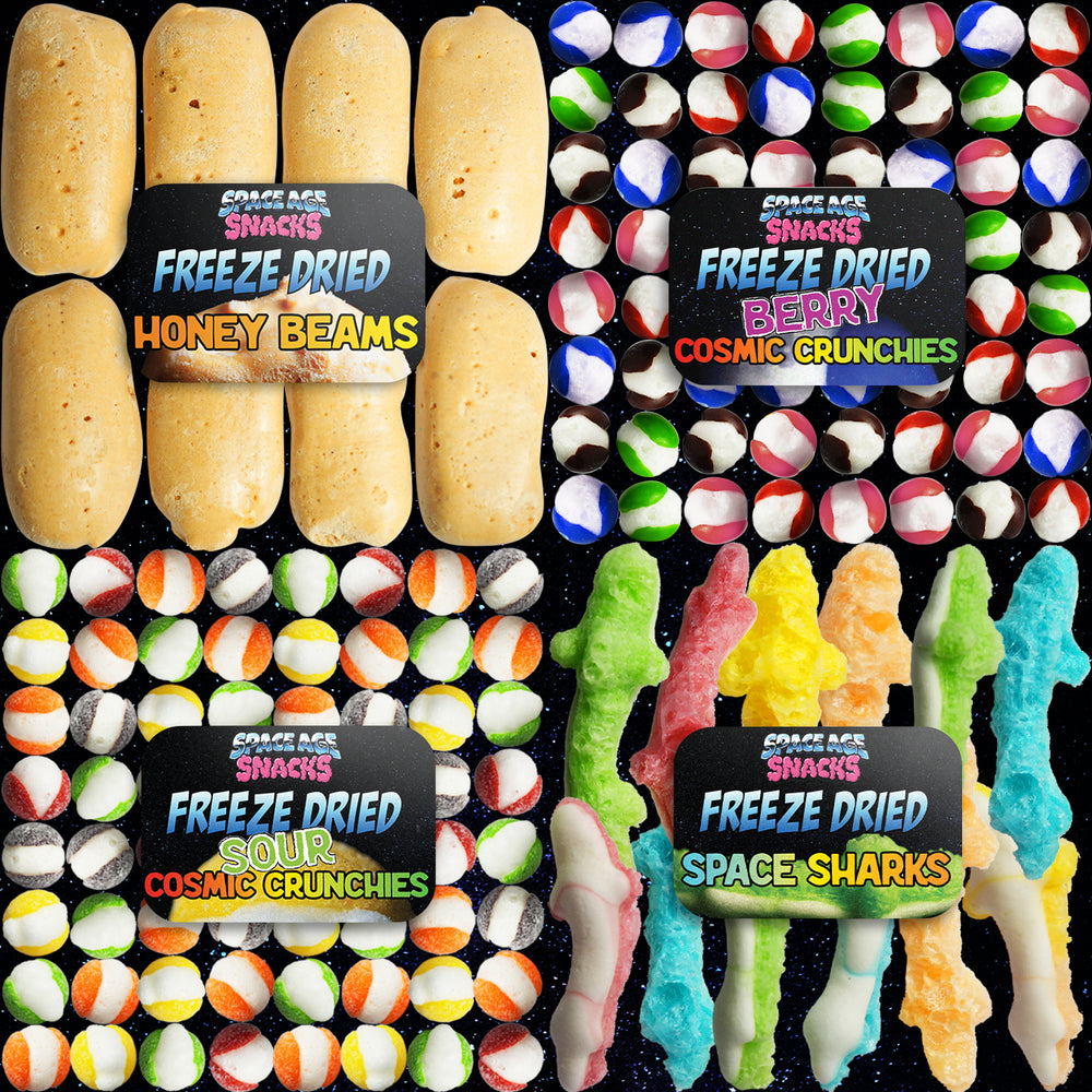 4 Pack Freeze Dried Candy Variety Pack - Sour Cosmic Crunchies, Bit O Honey, Berry Cosmic Crunchies and Space Sharks