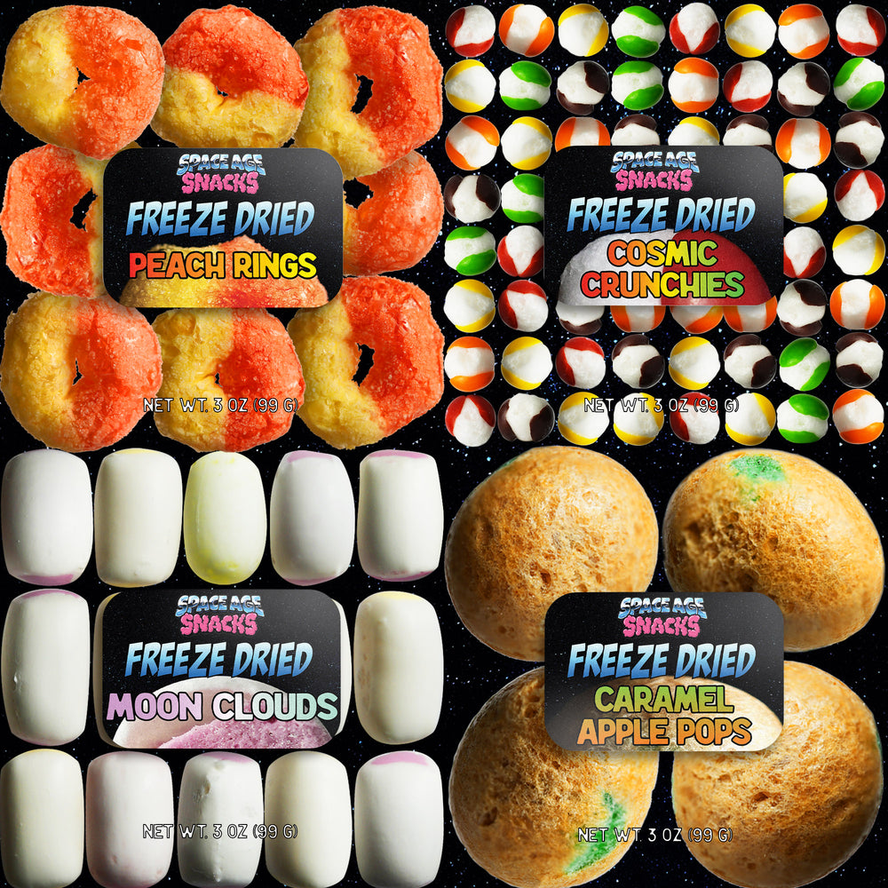 4 Pack Freeze Dried Candy Small Sample Pack - Freeze Dried Cosmic Crunchies, Peach Rings, Hi Chews and Caramel Apple Pops