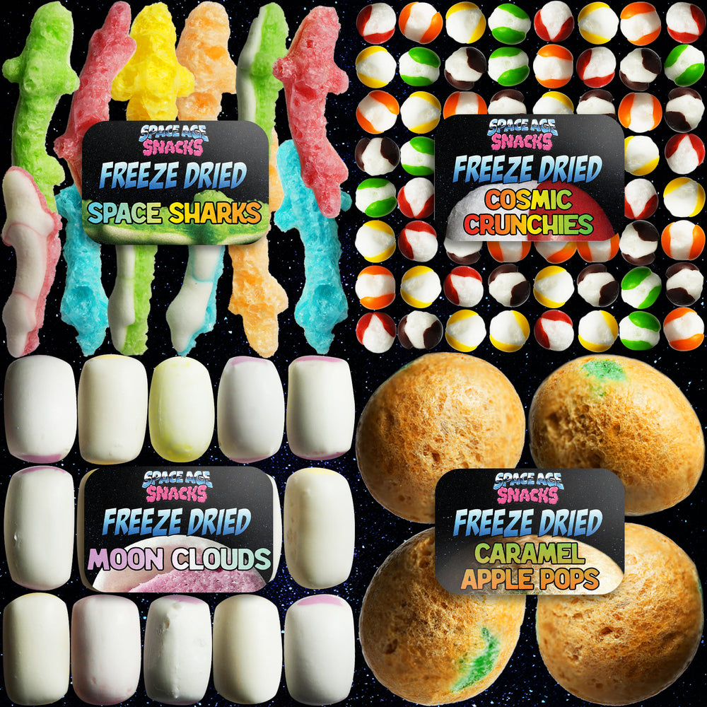 4 Pack Freeze Dried Candy Space Sharks, Cosmic Crunchies, Moon Clouds Caramel Apple Comets and Stickers