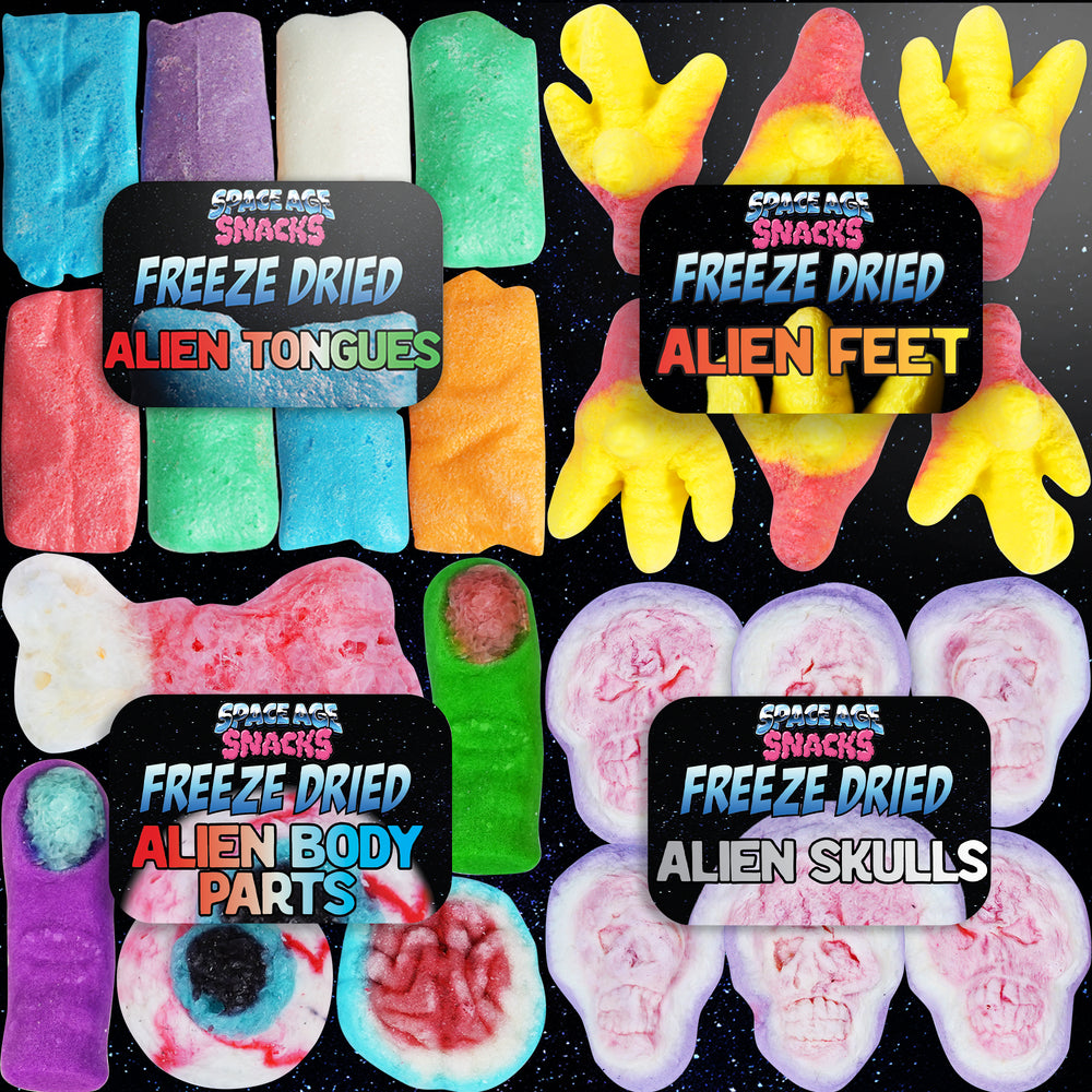 4 Pack Freeze Dried Candy Variety Pack - Crashed UFO with Airheads, Alien Feet, Skulls and Alien Body Parts