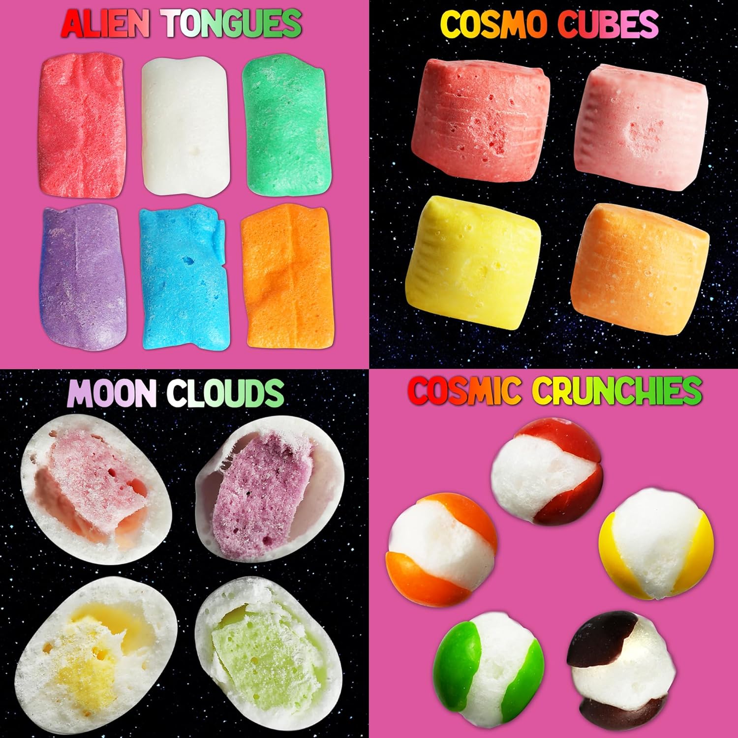 4 Pack Variety Pack Freeze Dried Candy - Cosmic Crunchies, Airheads, Hi Chews and Cosmo Cubes