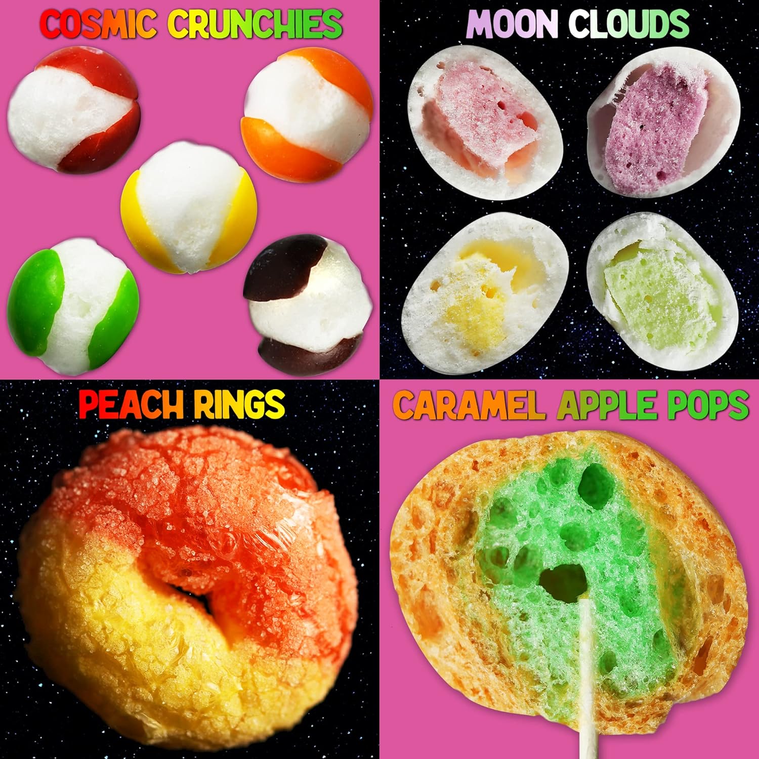 4 Pack Freeze Dried Candy Small Sample Pack - Freeze Dried Cosmic Crunchies, Peach Rings, Hi Chews and Caramel Apple Pops