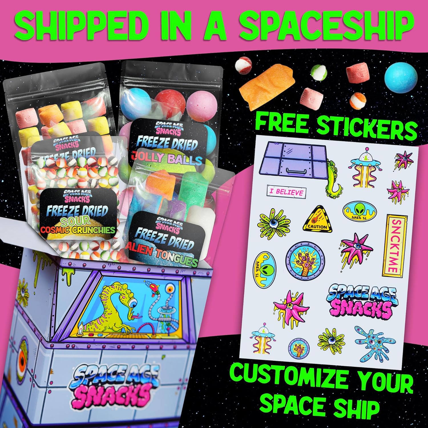 4 Pack Freeze Dried Candy Alien Tongues, Cosmo Cubes, Sour Cosmic Crunchies, Space Balls and Stickers