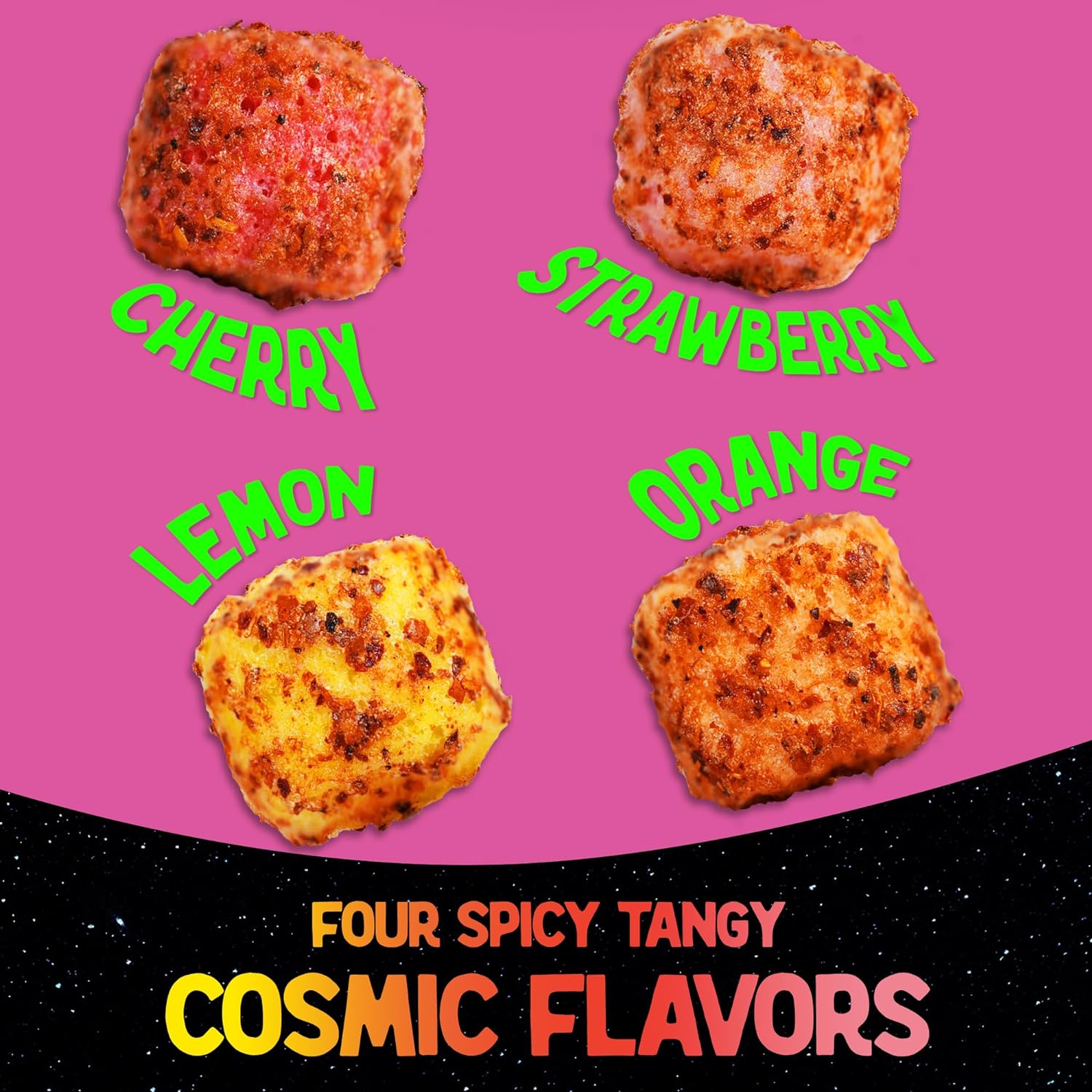 Freeze Dried Cosmo Cubes Chamoy Candy with Sweet & Spicy Tajin Chili Lime Seasoning