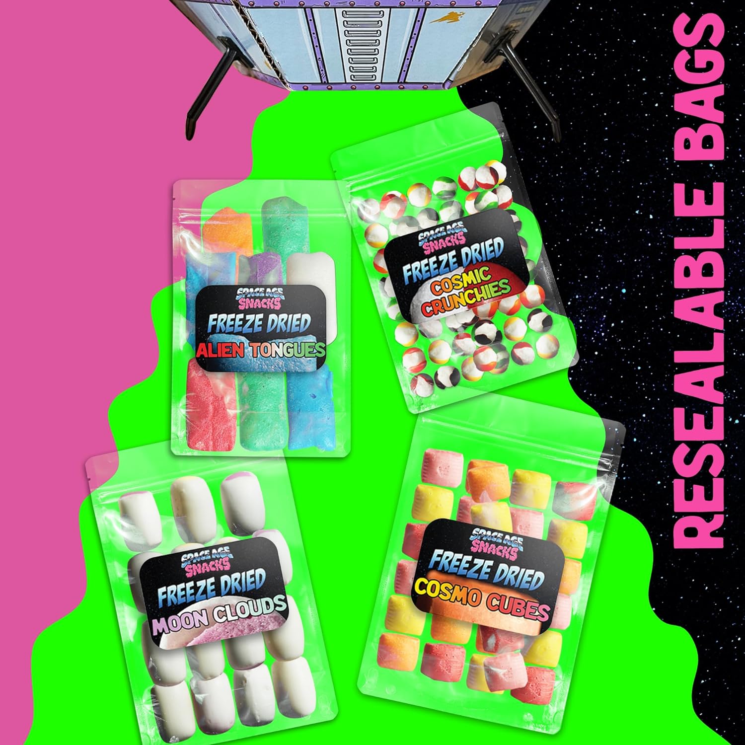 4 Pack Variety Pack Freeze Dried Candy - Cosmic Crunchies, Airheads, Hi Chews and Cosmo Cubes