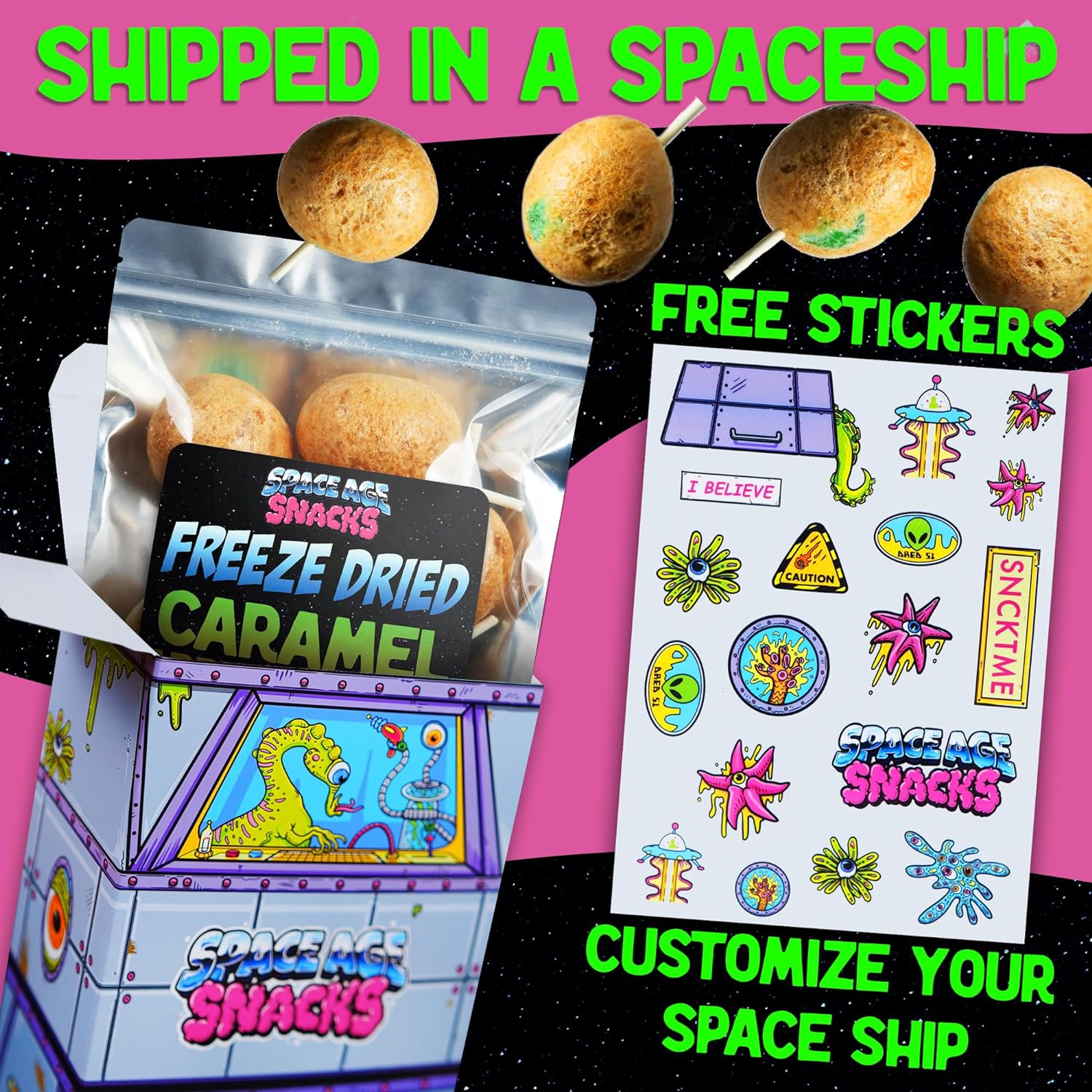 4 Pack Freeze Dried Candy Small Sample Pack - Freeze Dried Cosmic Crunchies, Peach Rings, Hi Chews and Caramel Apple Pops