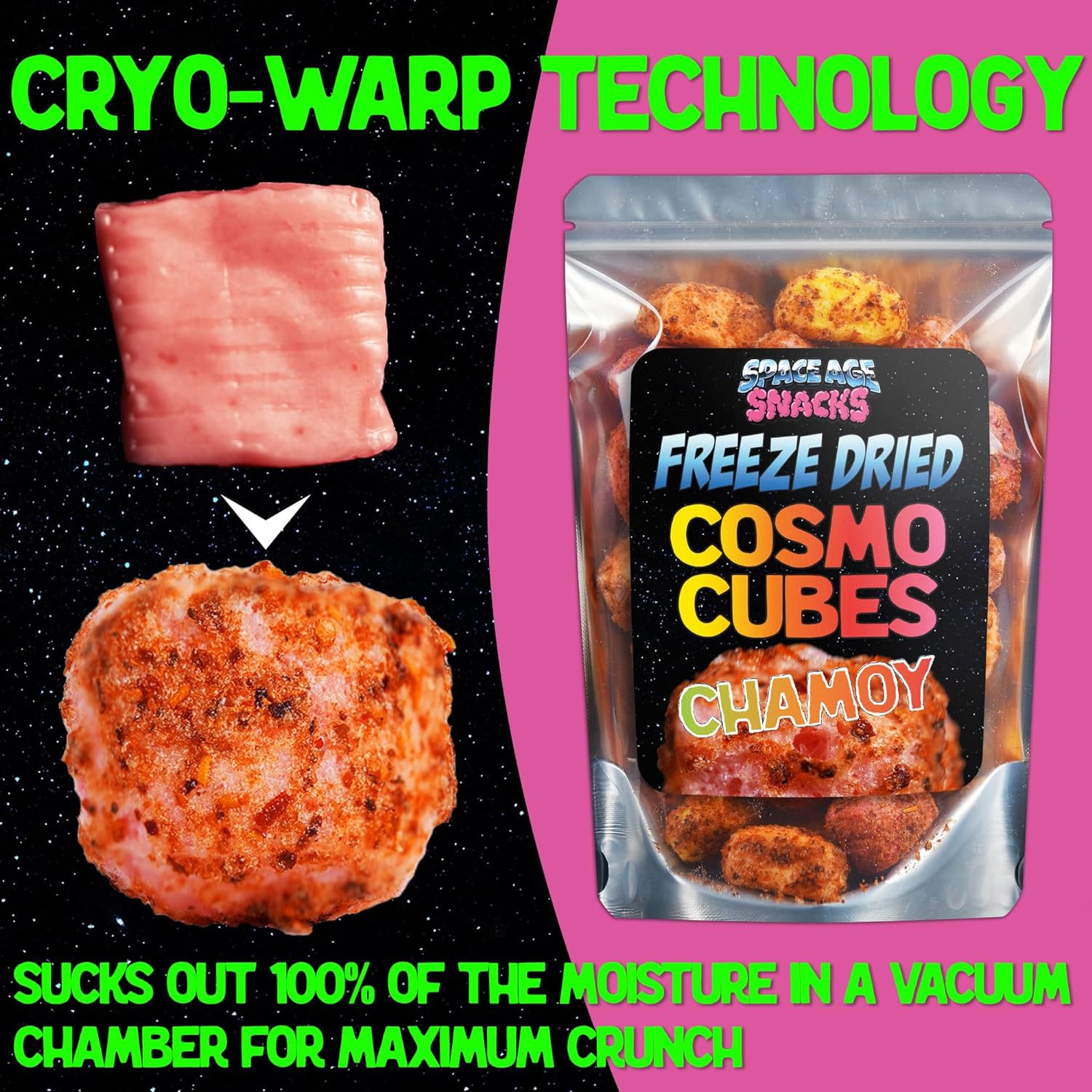 Freeze Dried Cosmo Cubes Chamoy Candy with Sweet & Spicy Tajin Chili Lime Seasoning