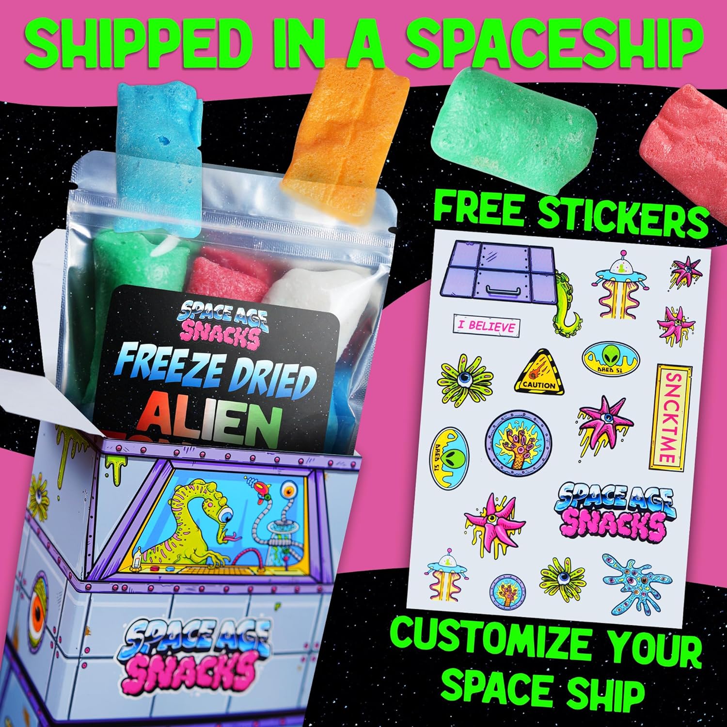 4 Pack Variety Pack Freeze Dried Candy - Cosmic Crunchies, Airheads, Hi Chews and Cosmo Cubes