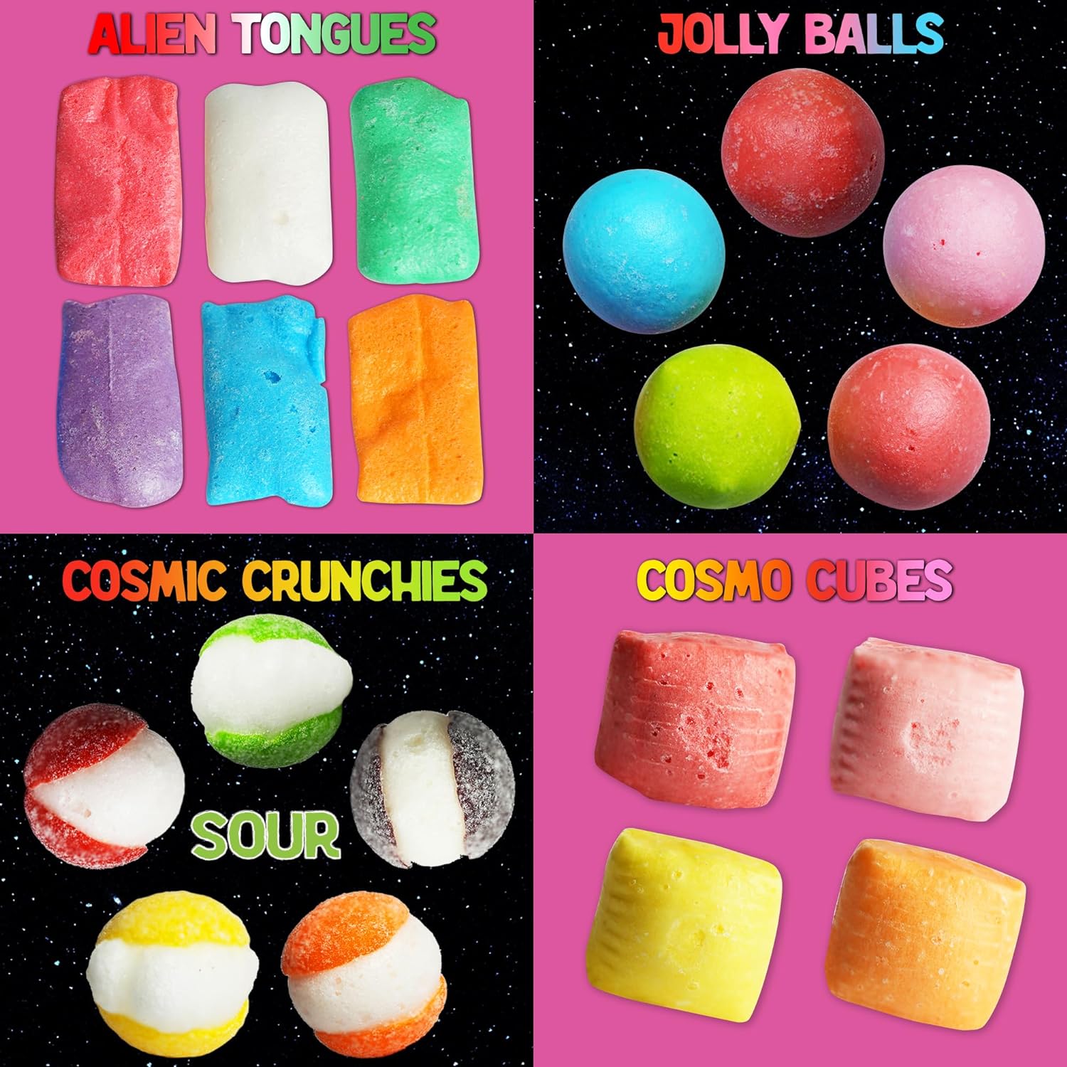 4 Pack Freeze Dried Candy Alien Tongues, Cosmo Cubes, Sour Cosmic Crunchies, Space Balls and Stickers