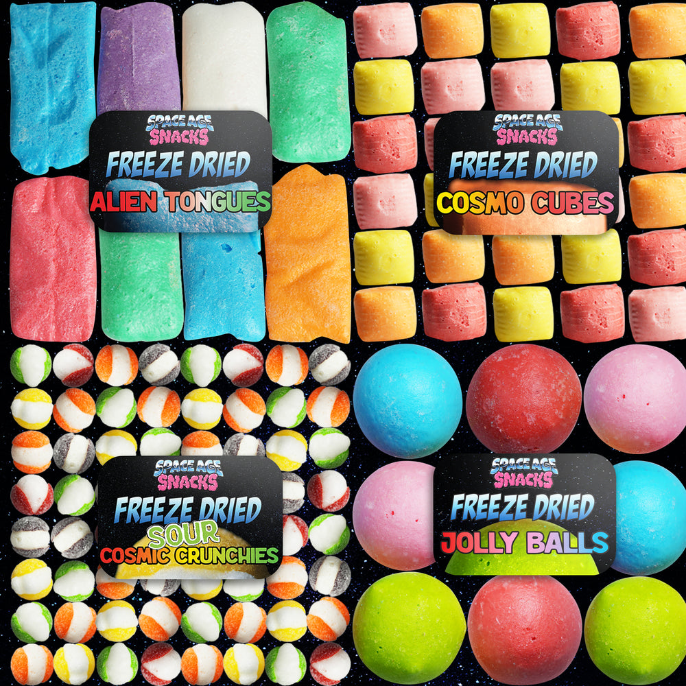 4 Pack Freeze Dried Candy Alien Tongues, Cosmo Cubes, Sour Cosmic Crunchies, Jolly Balls and Stickers